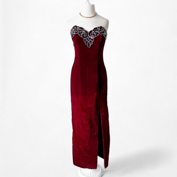 Vintage Burgundy Red Strapless Sequin Beaded Velvet Bodycon Maxi Slit Prom Dress - Picture 5 of 7